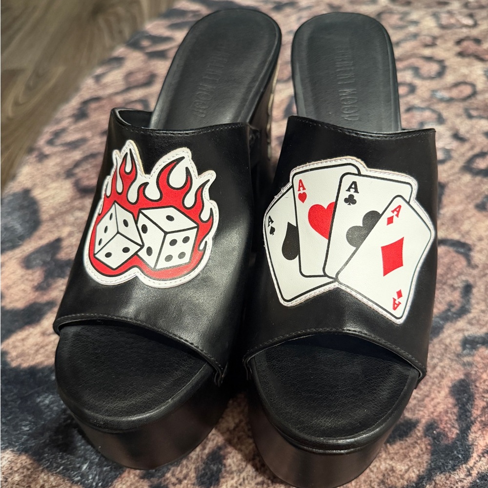 Black GAMBLIN' GAMINE Platform Heels Chunky Dice 8Ball DollsKill Patch Studded